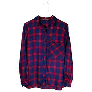 Zara Womens Shirt Button Up Blue Red Plaid Check Long Sleeve Preppy Blouse Top S